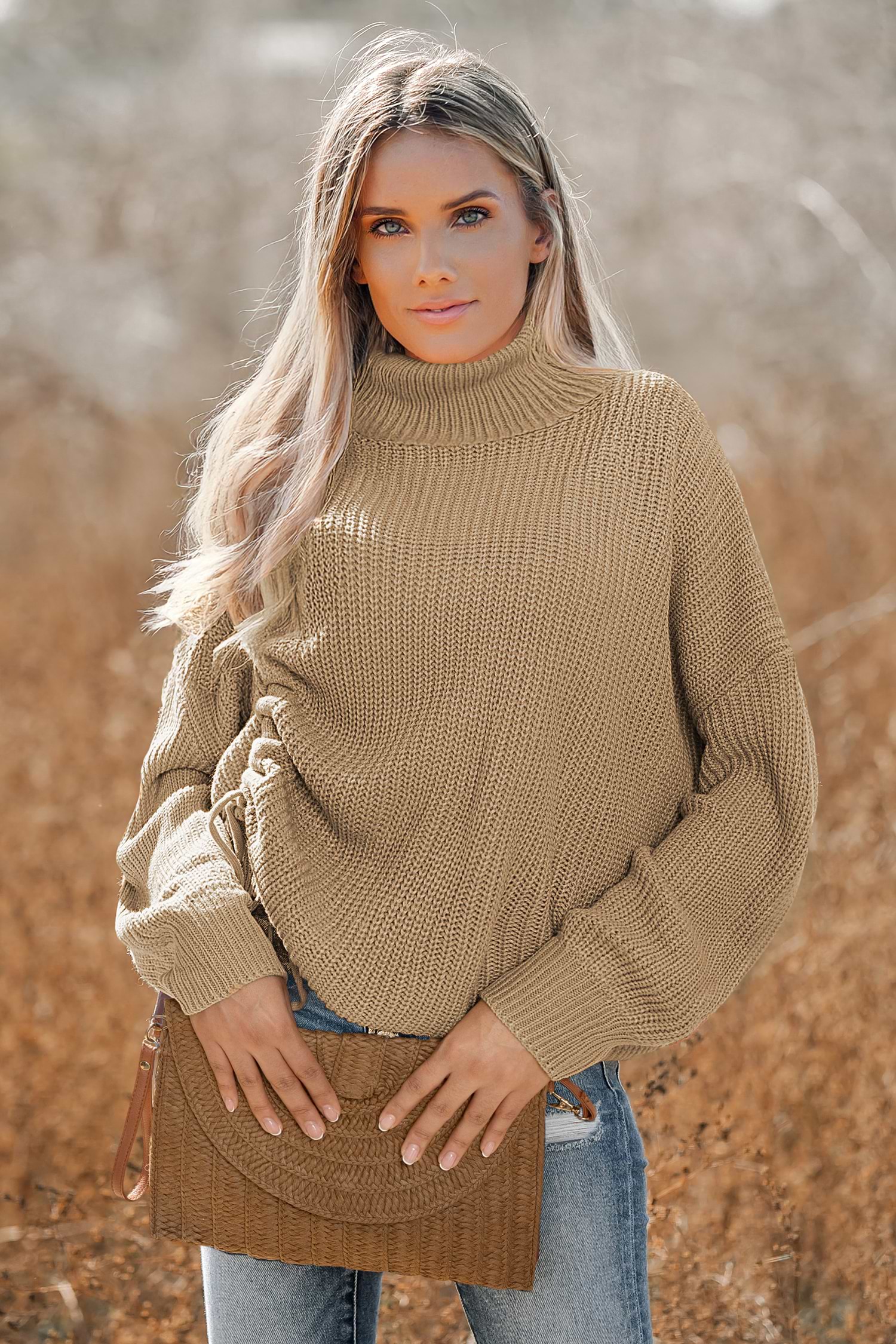 Light Brown Drop Shoulder Turtleneck Sweater